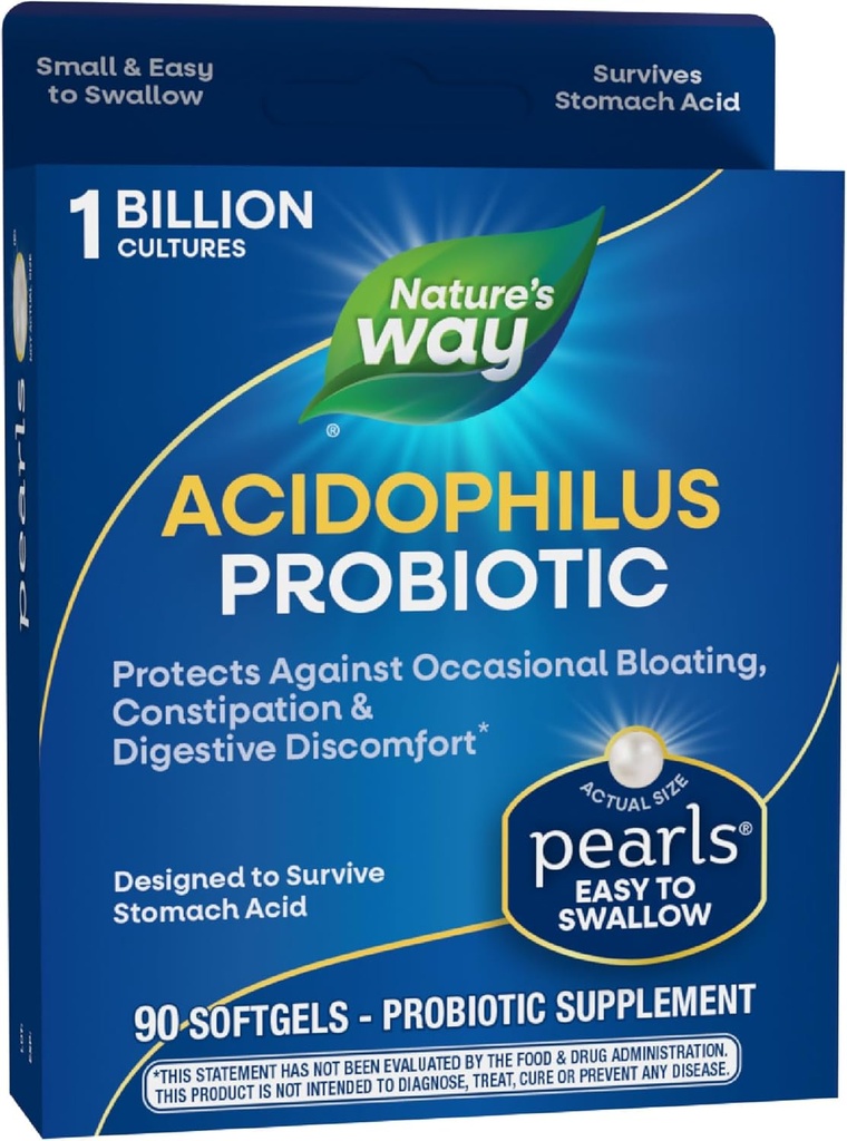 Nature's Way Acidofilius Probiyotik Pearls, Supports Digestive Balance & Gut Health, Occasional Constipation ve Bloating*, 1 Milyar Kültür, 90 Softgels