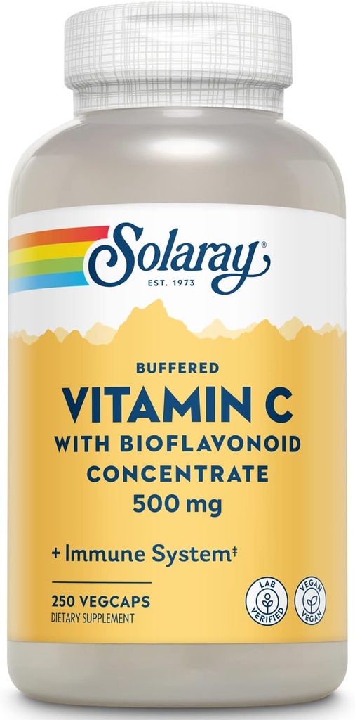 SOLARAY Buffered Vitamin C 500mg - με Bioflavonoids, Rose HIPS και Acerola Cherry - Συμπλήρωμα Ανοσολογικής Υποστήριξης - Εύκολη στο Digest, Vegan, Εργαστήριο Επαληθευμένο, 60-Ημέρες Εγγύηση - 250 Μερίδες, 250 VegCaps