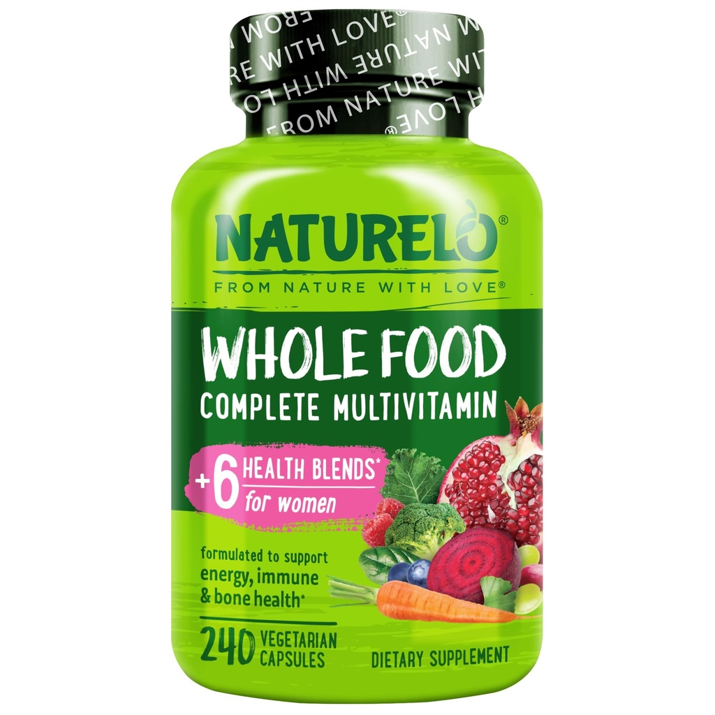 NATURELO Ολόκληρα τρόφιμα Πολυβιταμίνη για γυναίκες - με Βιταμίνες, Ορυκτά, & Βιολογικά Εκχυλίσματα - Συμπλήρωμα για την Ενέργεια και την Καρδιά Υγεία - Μη ΓΤΟ - 240 Κάψουλες Vegan