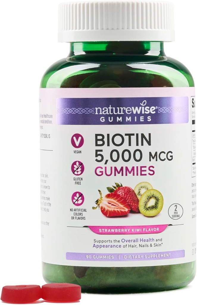 NatureWise Biotin Gummies - Sağlıklı Saçlar, Cilt ve Güçlü Çiçeği Destekler - B7 5000 Telefon - Doğal Güzellik - Strawberry-Kiwi Flavor - Vegan, Non-GMO, Gluten Free - 90 Count[45 Day Supply]
