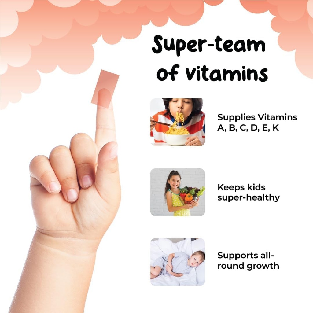 Soul Strips Super Vita-Mini - Temel Vitaminler A, B, C, D, E, K & Minerals for Kids' Growth & Health, Raspberry, Zero Sugar, 100% Vegan, 30 Strips Pack '
