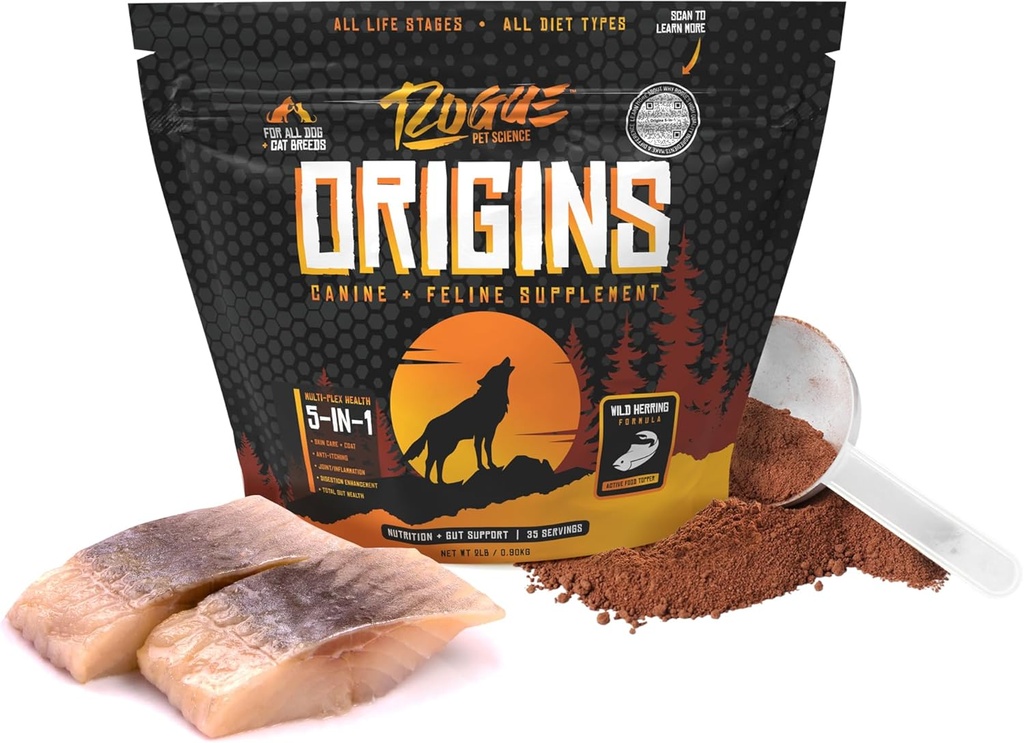ROGUE PET SCIENCE Προέλευση 5-σε-1 συμπλήρωμα σκύλων - Σκόνη τροφίμων Τόπερ w/Φυσικό Ωμέγα 3 ιχθυέλαιο - Υποστηρίζει υγιεινή πέψη, δέρμα, και παλτό - Βοηθά στη μείωση φαγούρα & κοινή φλεγμονή (2 lbs)