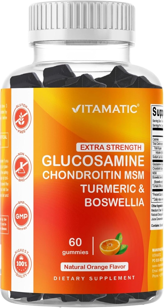 Vitamatic Extra Strength Glucosamine Chondroitin Gummies με MSM, Turmeric & Boswellia – 60 Pectin-based Gummies Advanced Joint Support Formula – Χωρίς ζάχαρη, χωρίς GMO, Ζελατίνη-ελεύθερο