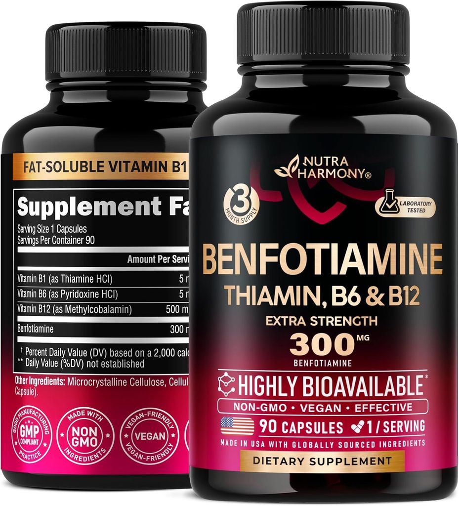 Benfotiamine 300 mg - Υποστήριξη Νεύρων, Ενέργειας & Μεταβολισμού - Συμπλήρωμα Βενφοτιαμίνης Λιποδιαλυτή Βιταμίνη Β1 - Εξαιρετικά Βιοδιαθέσιμη & Απορροφώμενη - με Thiamin, Βιταμίνη Β12 & Β6 - 90 Κάψουλες