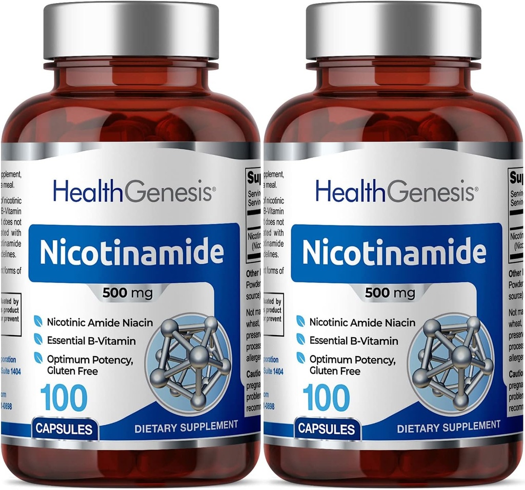 B-3 Nicotinamid 500 mg 100 Caps 2 Pack - Nicotinic Amide Niacin Natural Flush-Free Vitamin Formula - Supports Skin Cell Health