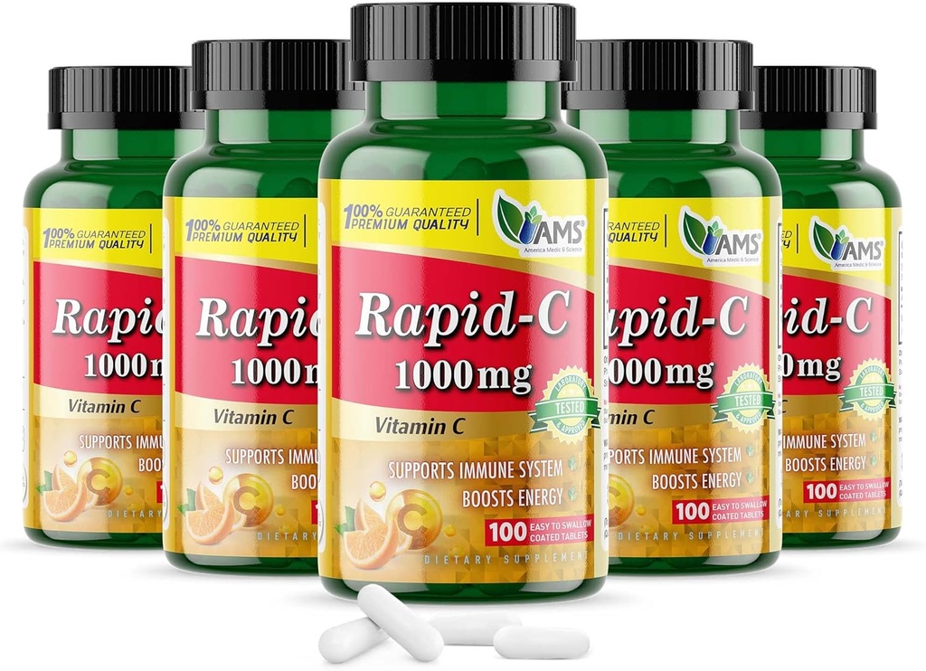 Amerika Medic & Science Rapid-C 1000 mg Vitamin C Supplement (5 100 Tablet Paket) Enerji ATM, Günlük Immune Sistem Desteği, Antioksi | Vegan, Non-GMO, Yetişkin Erkekler ve Kadınlar için Ascorbik Asit