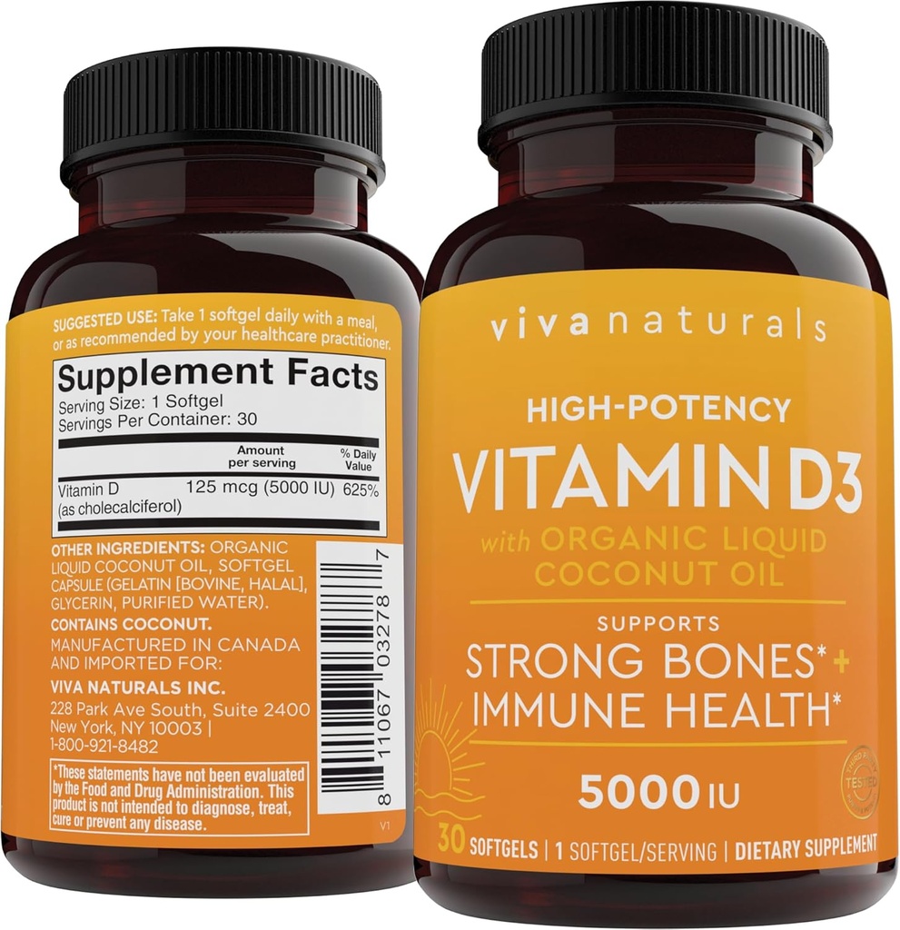 D3 Vitamin 5000 IU Softgels (125 mcg), 30 Softgels - High Potency Vitamin D Supplements for Healthy Immune Function, Bones & Muscles - Made with Organic Liquid Coconut Oil