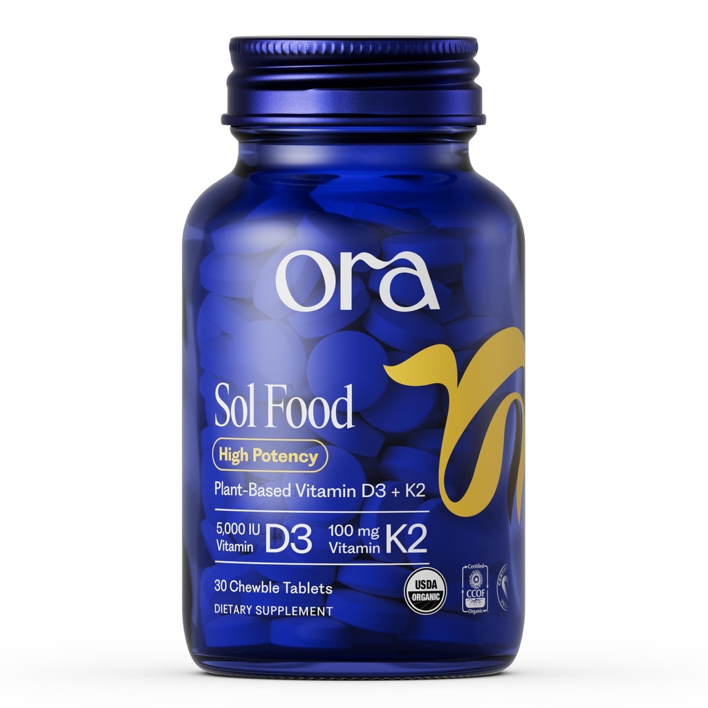 Ora Organik Vitamin D3 5000IU + K2 - Vegan Vitamin D, Lichen ve K2'den Bone Health, Immune Support, & Mood, maksimum Aborpsiyon - 1 Ay Supply, 30 Chewable Tabletler