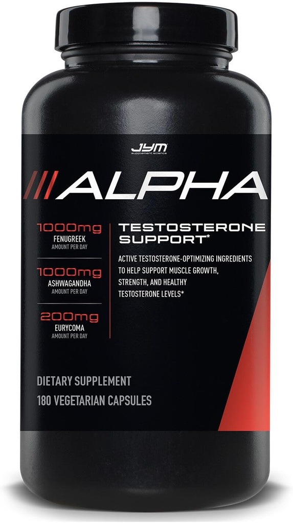 Alfa JYM testosteron Desteği | Erkek Vitality, Hormon Optimizasyon, Ashwagandha, Fenugreek, Eurycoma, Damiana, Quercetin, DIM | JYM Supplemental Science | 180 Vegetarian Capsules