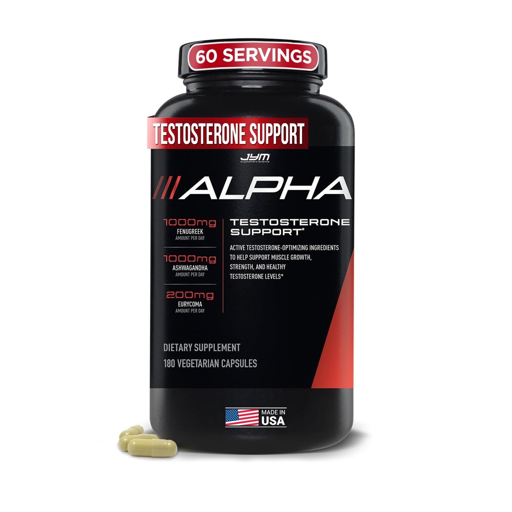Alpha JYM Testosterone Support | Male Vitality, Health Optimization, Ashwagandha, Fenugreek, Eurycoma, Damiana, Quercetin, DIM | JYM Supplemental Science | 180 Vegetarian Capsules