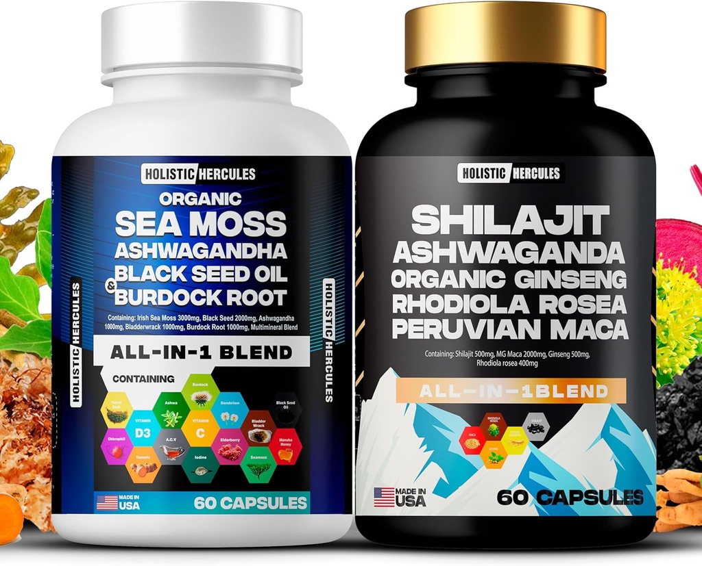 Holistic Hercules Classic Combo Sche - Sea Moss 3000 mg, Black Seed 2000 mg, Ashwagandha 1000 mg, Shilajit 5000 mg, Panax Ginseng 1500 mg, Peruvian Maca 2000 mg, All in 1 Supplements Pack