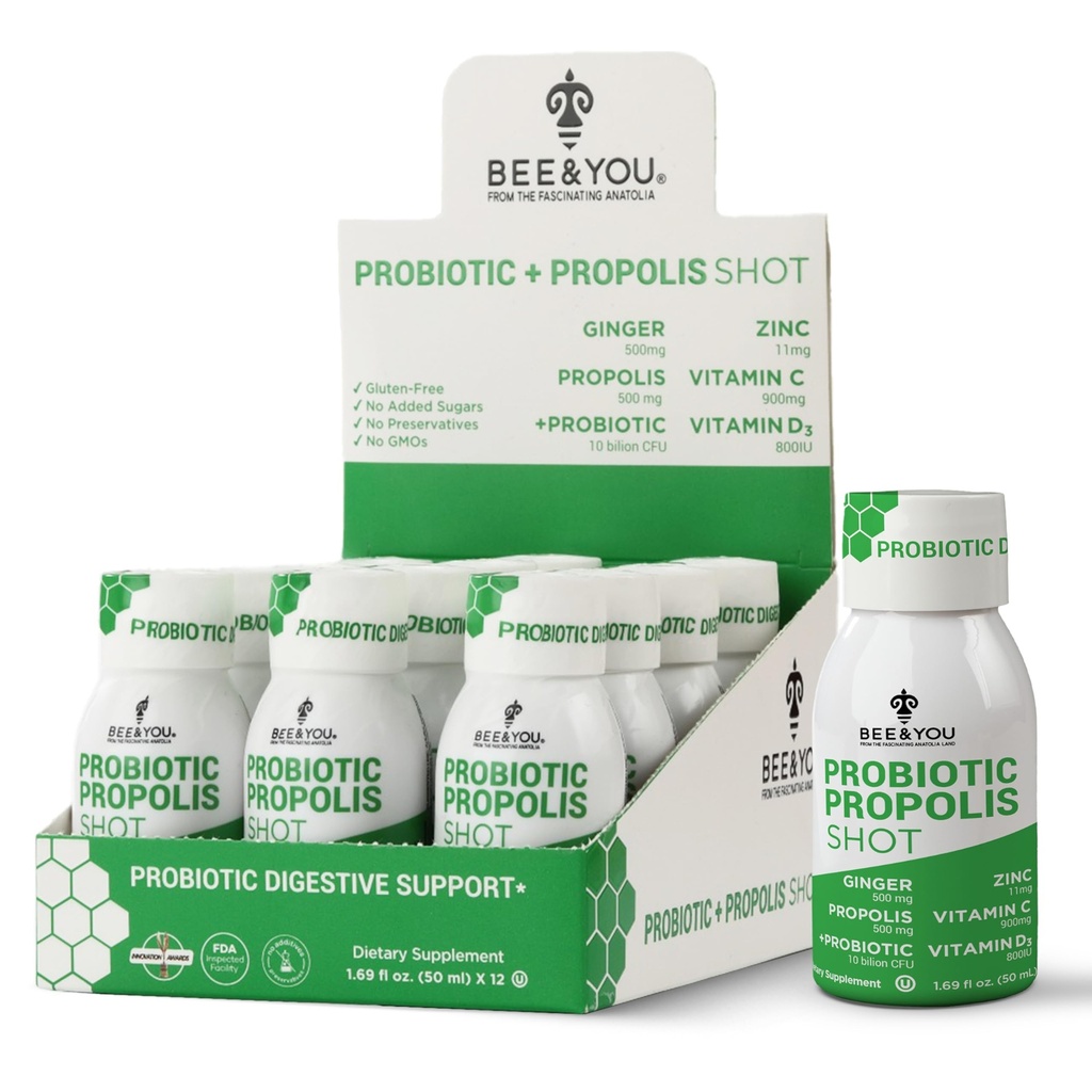 Arı ve You Propolis Immune Shot, Probiyotik, C, Vitamin D3, çinko, Ginger, Immune Support, Gut Health, Digestive Health, Bioactive 1.69 Fl. oz, 12 Pack