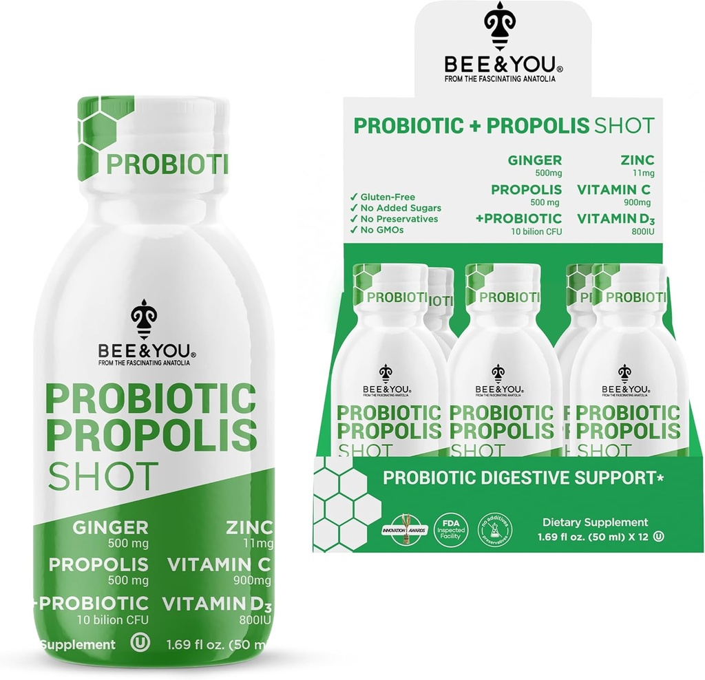 Bee and You Propolis Ανοσοποιητική βολή, Προβιοτική, Βιταμίνη C, Βιταμίνη D3, Ψευδάργυρος, Τζίντζερ, Ανοσολογική υποστήριξη, Υγεία των Ούλων, Επιπεφυκίτιδα Υγεία, Βιοενεργός 1.69 fl. oz, 12 Pack