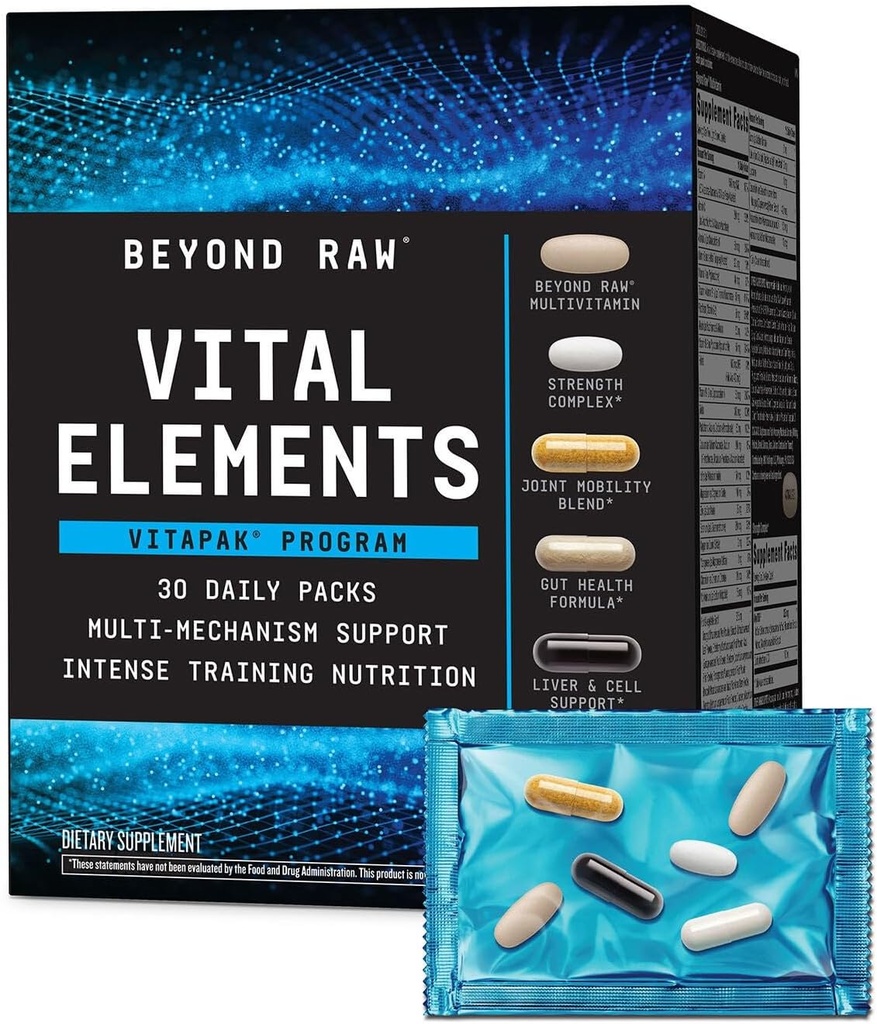 BEYOND RAW Vital Elements Vitapak Programı, Erkekler ve Kadınlar için Beslenme Vitamin Paketi, Gut Health Formula, Strength, NAC, Ortak Hareketlilik, 30 Packets
