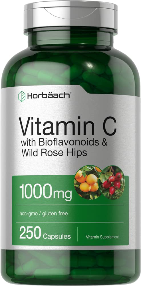 Horbäach Vitamin C 1000 mg | 250 Capsules | Bioflavonoids ve Rose HIPS | Non-GMO, Gluten Free Supplement | High Strength Formula