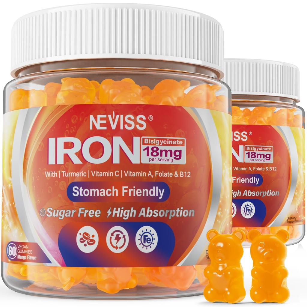 Vegan Demir Gummies Vitamin C, B12, Folate & Turmeric - Energy & Immune Health | Gummy Iron Bisglycinate 18 mg Gentle & Non-Constipating - Women & Men, 2 Pack