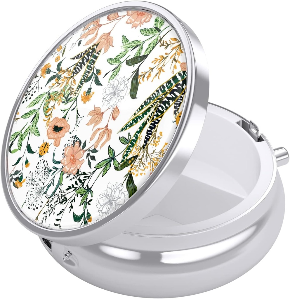 Nipichsha Pill Box, Küçük Pill Case for Purse & Pocket, Cute Travel Medicine Organizer, Portatif Tıp Konteynerleri Vitaminleri, İlaçları, Fish Oil & Supplement, Çiçekler Illustration