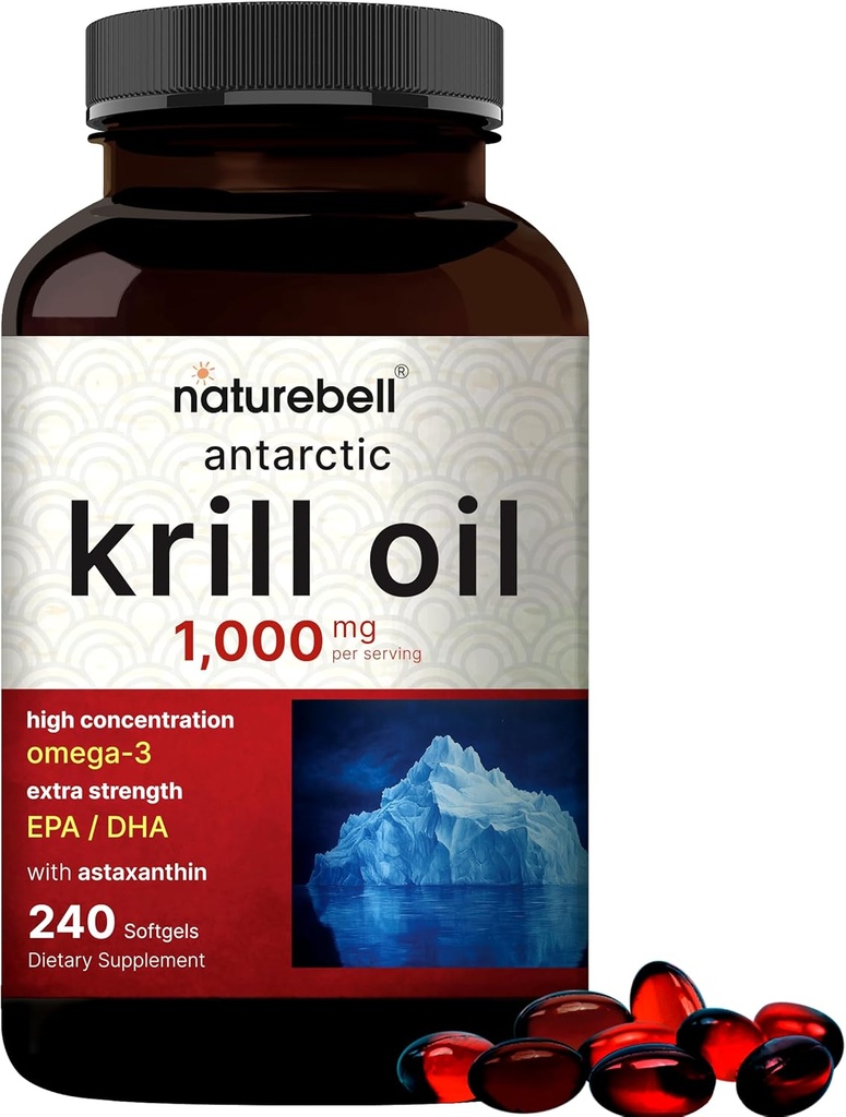 NatureBell Antarctic Krill Oil 1000mg συμπλήρωμα, 240 Softgels, Φυσική πηγή Ωμέγα-3, EPA, DHA και Ασταξανθίνη - Χωρίς επίγευση - Υποστηρίξτε την υγεία της καρδιάς, Ερμής χωρίς & μη ΓΤΟ