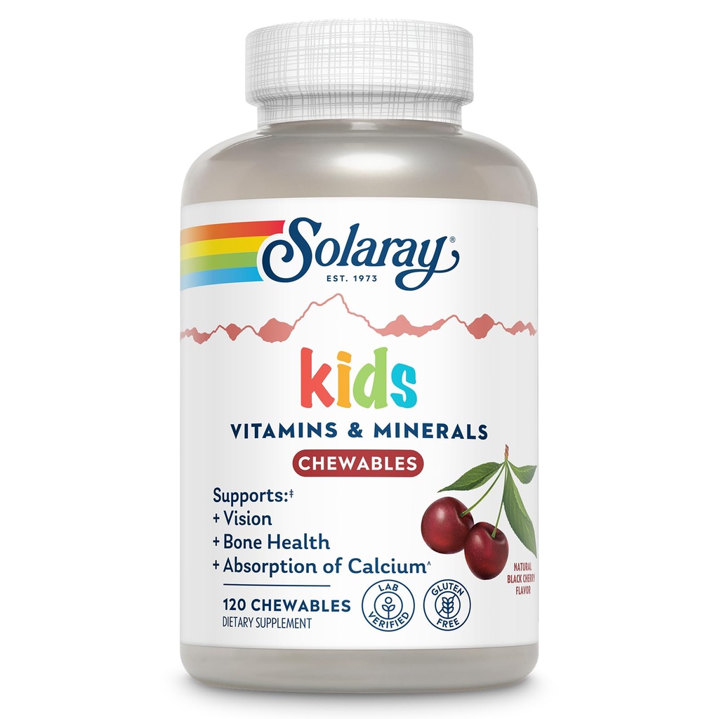 SOLARAY Çocuklar Vitaminler ve Mineraller Çocuklar için Çok Fazla Vitamini Büyük Siyah Cherry Flavor (076280047974) (120 Chews, 60 Serv)