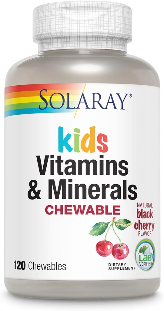 SOLARAY Çocuklar Vitaminler ve Mineraller Çocuklar için Çok Fazla Vitamini Büyük Siyah Cherry Flavor (076280047974) (120 Chews, 60 Serv)