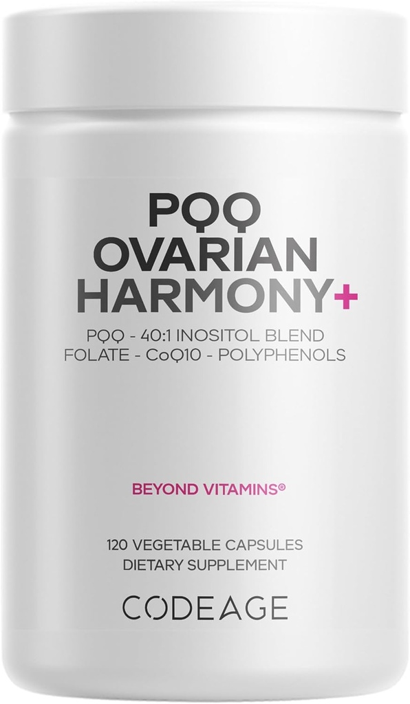 Συμπληρώματα PQQ Ovarian Harmony+ - PQQQ (Pyrroloquinoline Quinone), Myo-Inositol & D-Chiro-Inositol 40:1 Blend, Folate 5-MTHF, CoQ10, Wild Blueberry - Liposomal Delivery - Μη ΓΤΟ - 120 Κάψουλες