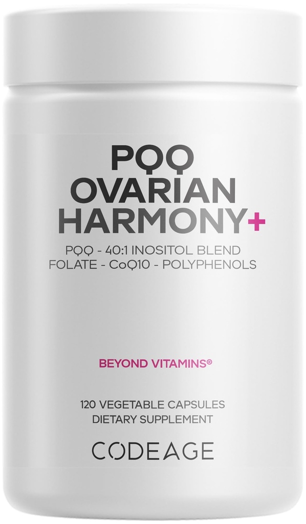 Kodaj PQ Ovarian Harmony+ Supplement - PQ (Pyrroloquinoline Quinone), Myo-Inositol & D-Chiro-Inositol 40:1, Folate 5-MTHF, CoQ10, Wild Blueberry - Liposomal Delivery - Non-GMO - 120 Capsules)