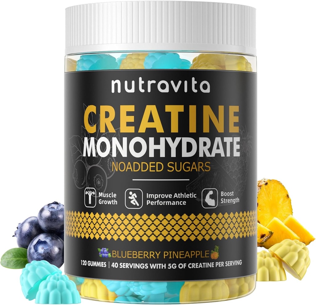 Erkekler ve Kadınlar için Sırtine Monohidrat Gummies for Men & Women-5g oftine Monohidrat - Sugar Free,Vegan, Blueberry Pineapple Flavor, 120 Kont