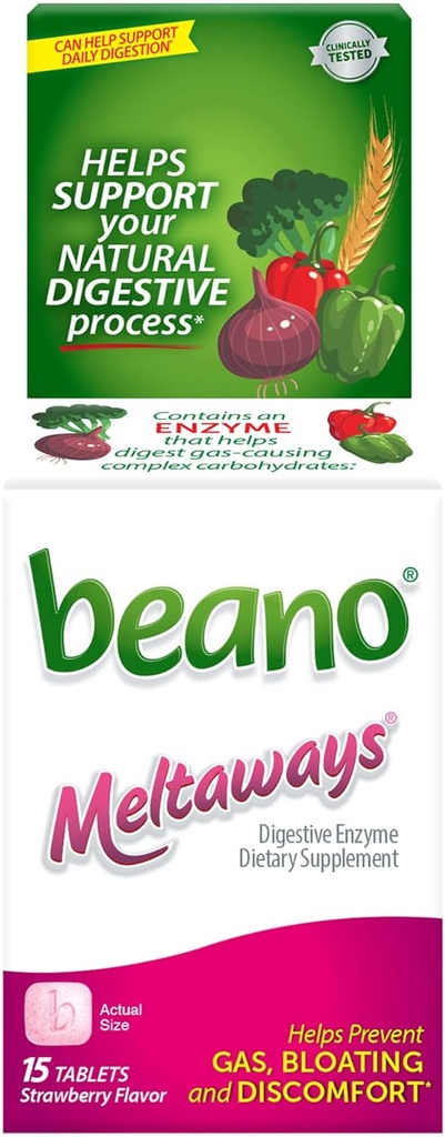 Beano Meltaways, Gas Prevention & Digestive Enzyme Supplement, Strawberry Flavor, 15 Kont