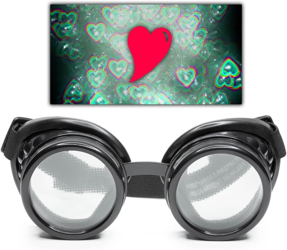 GloFX Black Heart Effect Difrasstrath Goggles - Δείτε Καρδιές - 3D Holographic Visuals Edm Rave Outfit Steampunk Κοστούμι Cosplay Music Festival Essential