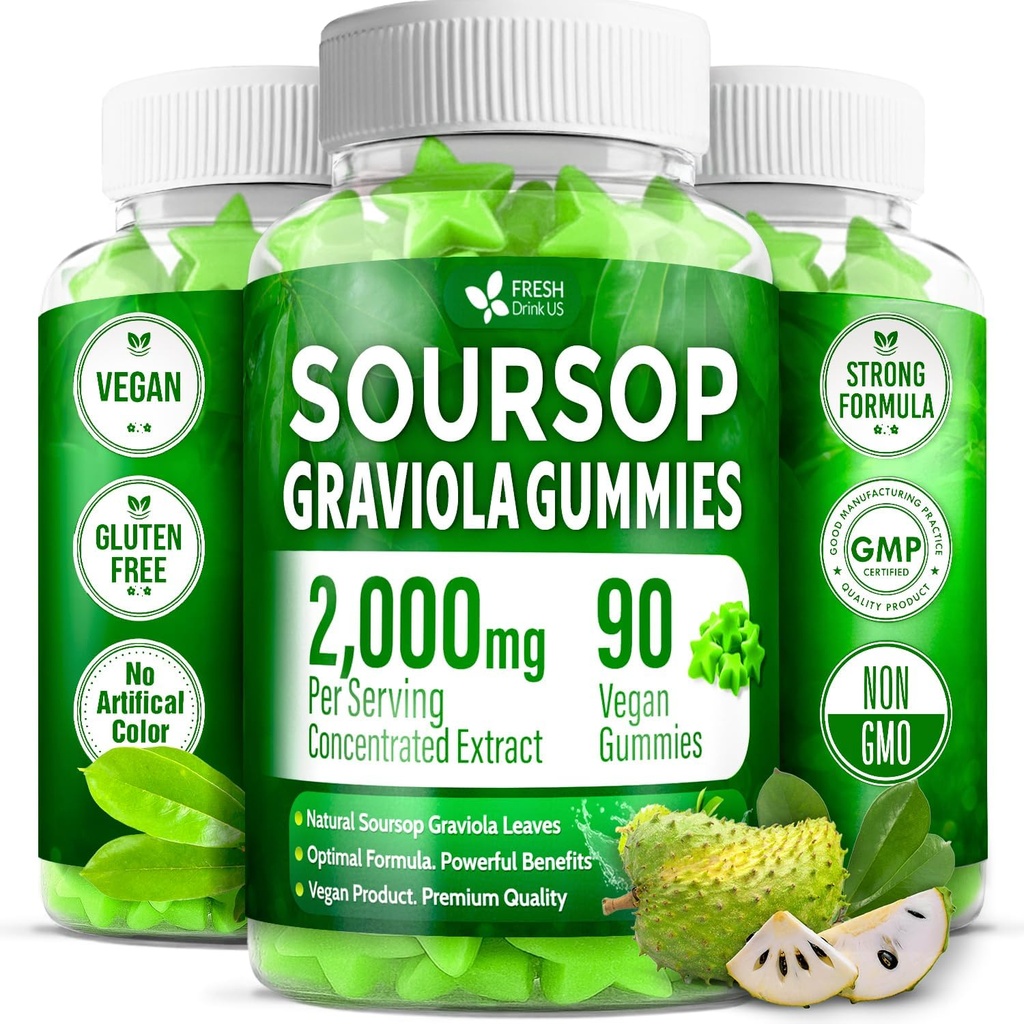 FRESHDRINKUS, Premium 90 Soursop Graviola Gummies, 2000mg per Serving, 45 Days Supply – 100% from Natural Soursop Graviola Leaves Extract, Vegan, Non-GMO, Gluten-Free (90 Gummies)
