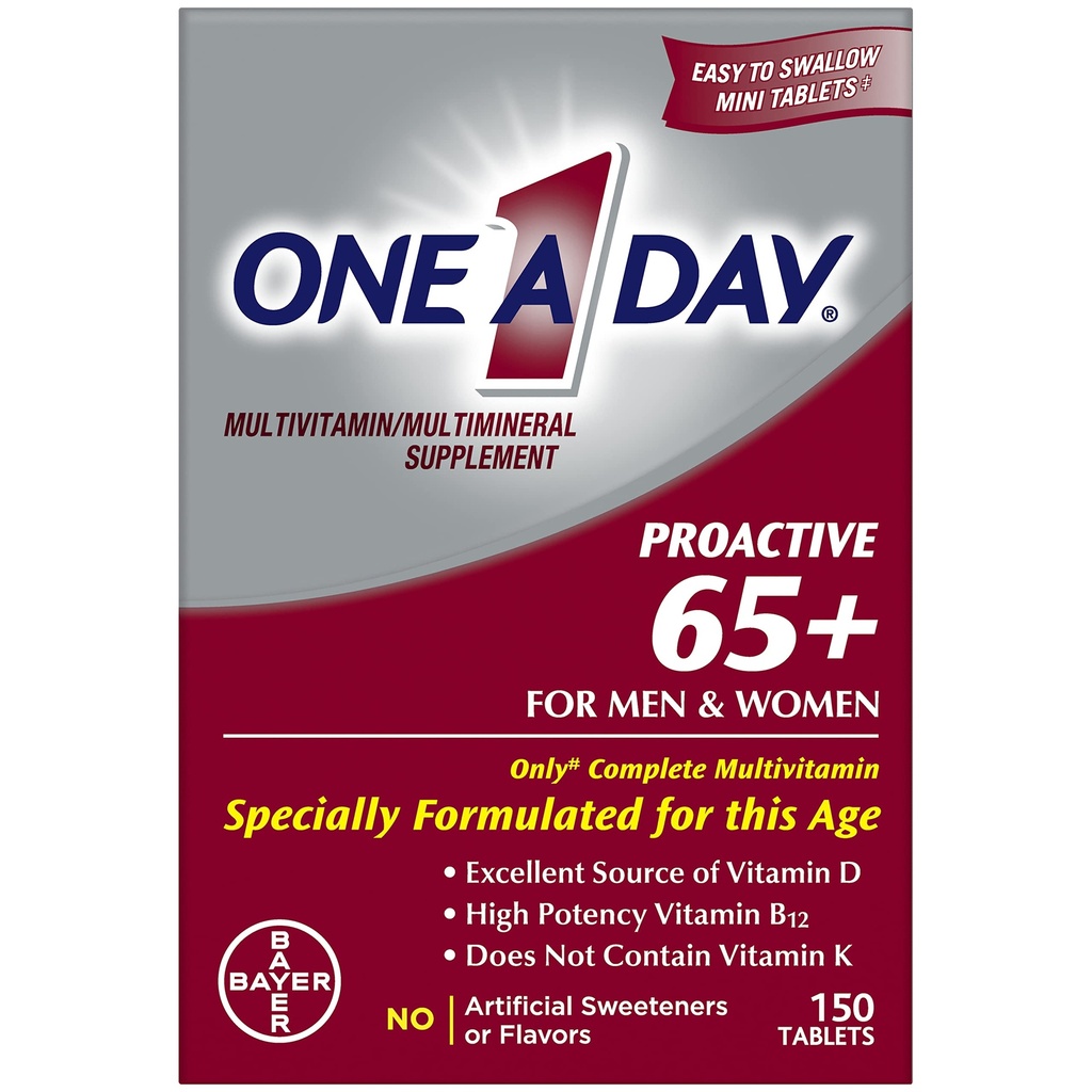 Bir Gün Proaktif 65+, Erkekler ve Kadınlar Multivitamin, Vitamin A, C, D ve çinko Kemik Sağlığı ve Hücre Sağlığı, Kalsiyum, Folic Asit, Tablet 150 Sayı