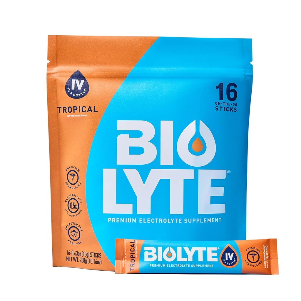 BIOLYTE IV Electrolyte Powder Packets, IV Liquid Drink Mix for Water, Doctor-Developed Hydration, HSA & FSA Approved Dehydration Relief, Chemotherapy Must Haves for Women & Men - Tropical (16 Sticks)