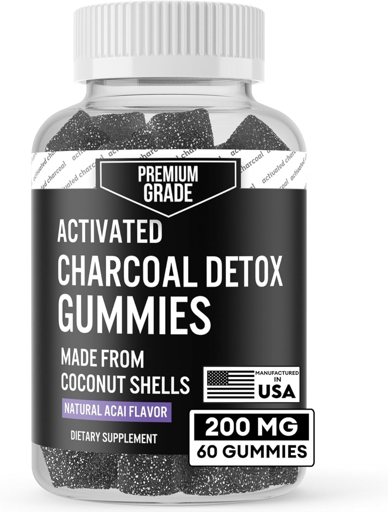 Premium Grade Aktif Charcoal Gummies - Coconut Charcoal Supplements for Detox Support, Oral Health, Stomach & Digestion - Çocuklar için Güvenli - Bloat Vegan Gummy - Natural Acai Flavor (60 Kont)