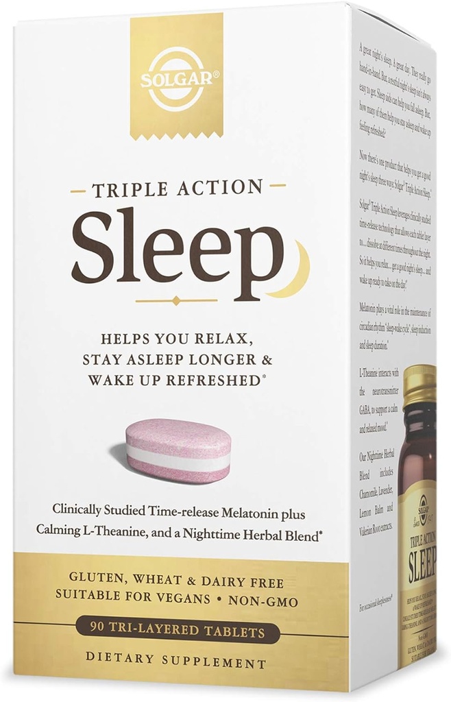 Solgar Triple Action Sleep, 90 Tri-Layer Tabletleri - Time-Release Melatonin & L-Theanine Plus Herbal Mix - Helps You Relax - Non-GMO, Gluten Free - 90 Servisler