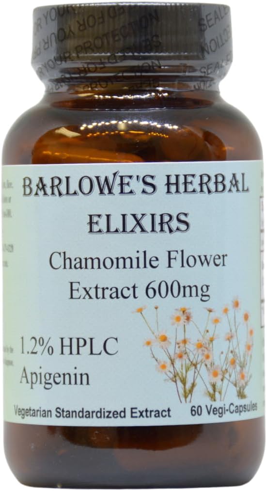 Barlowe's Herbal Elixirs Chamomile Flower Extract | Alman Chamomile Supplement | Matricaria Chamomilla | 1.2% Apigenin | 600 mg per Capsule | 60 Vegi Capsules | Stearate Free | Glass