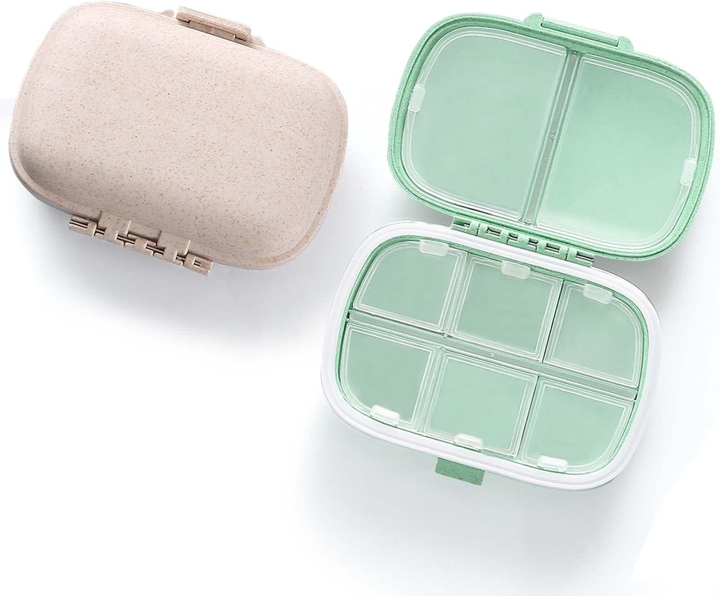 MEACOLIA 2 Pack 8 Karşılaştırmalı Seyahat Pill Organizer Box Moisture Kanıt Küçük Pill Case for Pocket Purse Daily Pill Sahibi Konteyner for Medicine Vitamin (Cyan & Khaki)