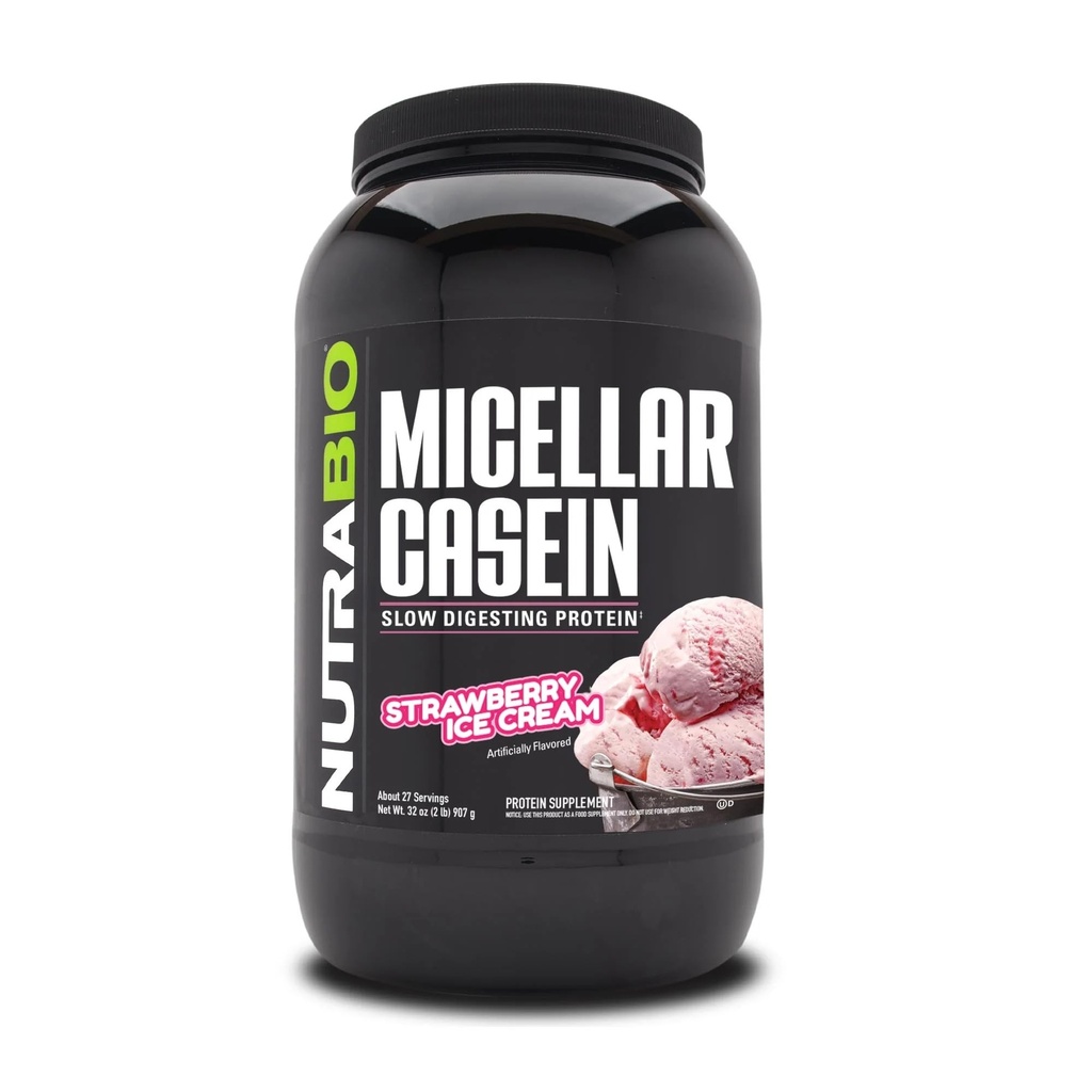 NutraBio Casein Protein Tozu, Micellar Casien Toz, 25g Slow Digesting Protein, Seni Tam, Gece Kas Kurtarma ve Büyüme, BCAA & EAA, Gluten Free, Soy Free, 2lb Strawberry Buz Kremi
