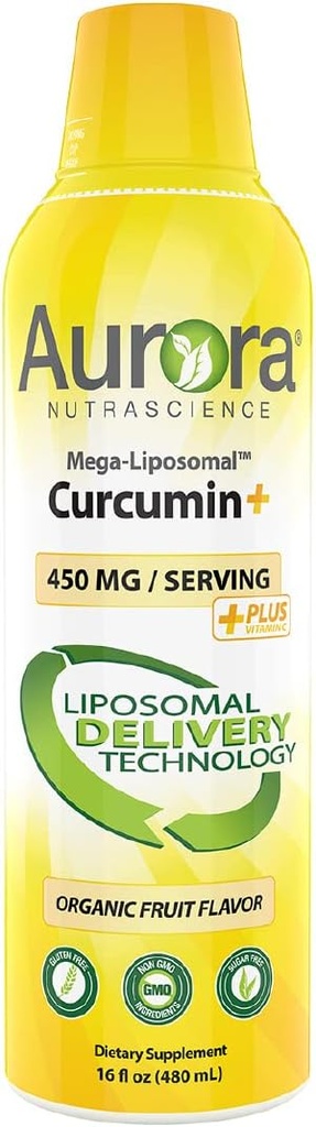 Aurora Nutrascience Mega-Liposomal Curcumin+ Vitamin C with CurcuVail, Supports Health Joints, Muscles, GI Tract, and Brain Function, Organic, Non-GMO, 32 Hizmet, 16 fl oz