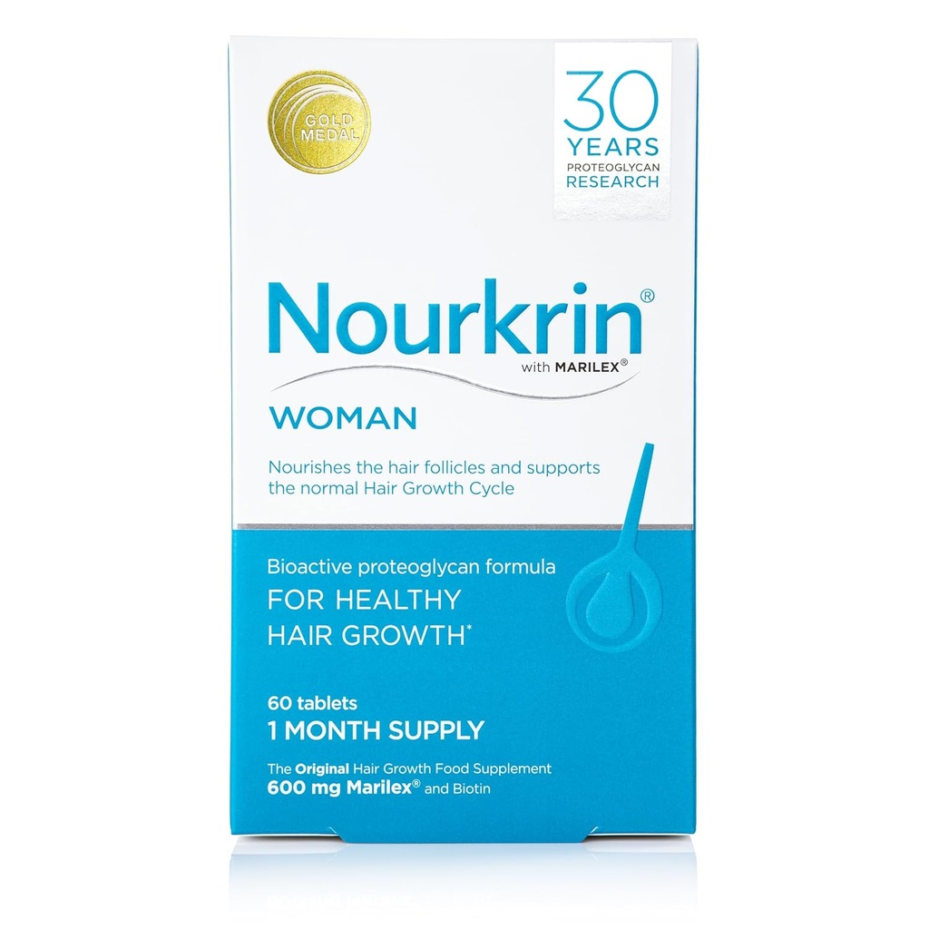 Nourkrin Kadını Sağlıklı Saç Büyüme Yemekleri Marilex, biotin ve silik 60 tablet paketi (1 ay tedarik)