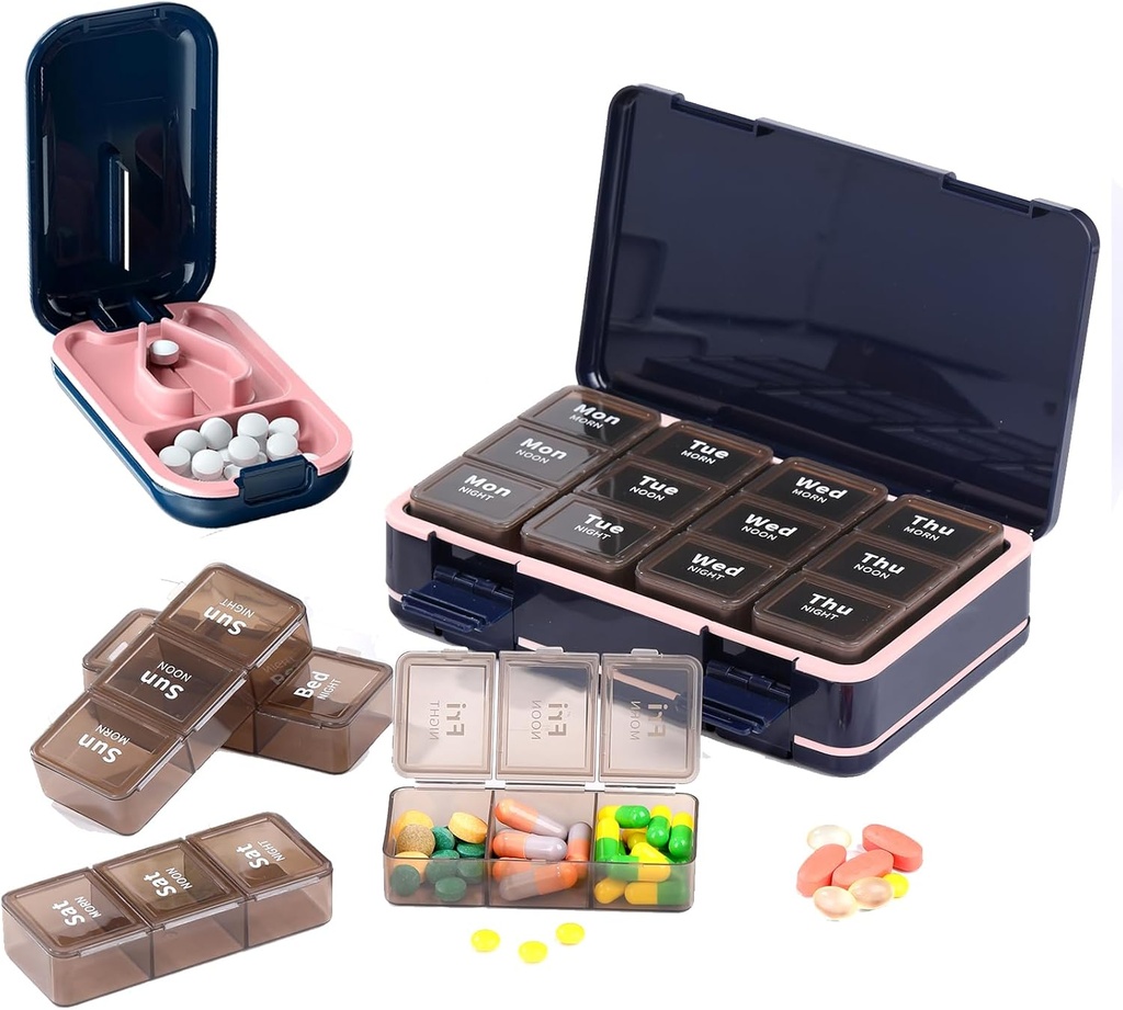 Pill XS+Pill Organizer, Pill Splitter Pill XS for Small or Large Pills, Pill Box 7 Day Medicine 3 Times a Day, Portable Pill Crusher & Pill Case for Purse Pocket