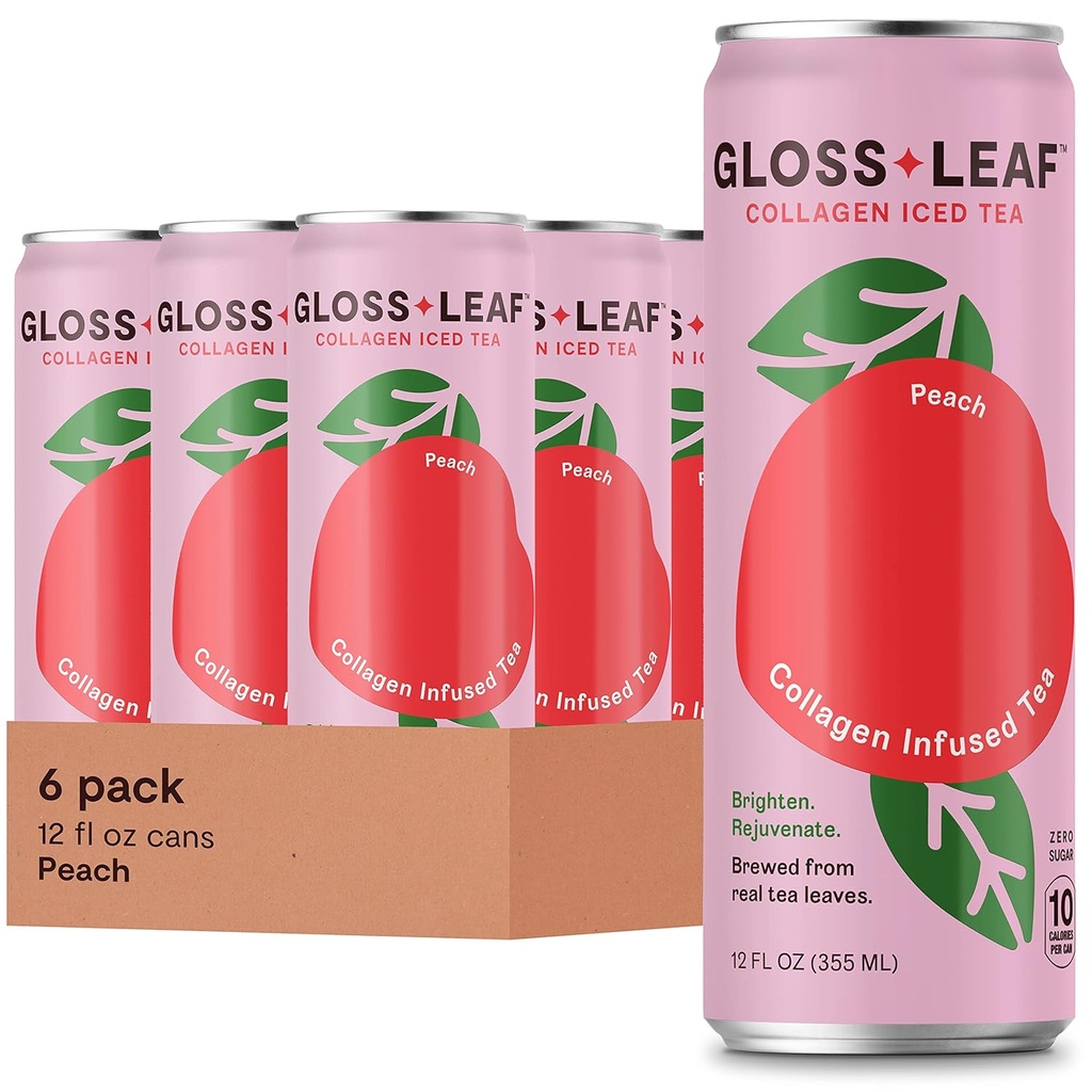 Gloss Leaf Collagen Iced Tea (Zero-Sugar, Peach): Collagen Peptides Protein & Vitamin C, Beauty & Anti-Aging, 12 Fl Oz, 6 Pack-Sugar, Peach: Brewed Black Tea with Collagen Oz Protein & Vitamin C, Beauty & Anti-Aging, 12 Fl Oz, 6 Pack