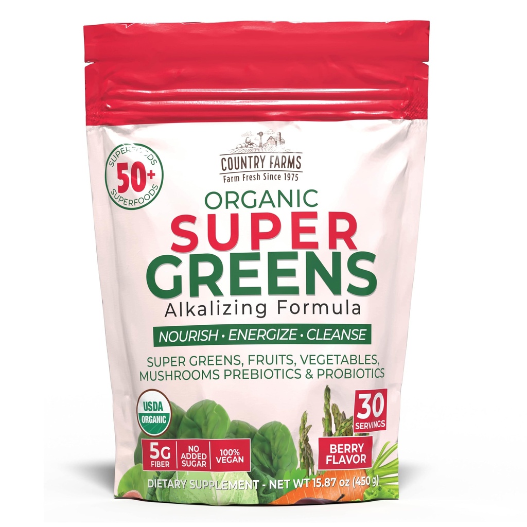 Ülke Çiftleri Super Greens Berry Flavor, 50 Organik Süper Gıdalar, USDA Organik İçecek Mix (Wair Grass, Spirulina, Chlorella) Mushrooms & Probiyotiks, Fiber, Gut Health, Natural Energy, 30 Hizmetler