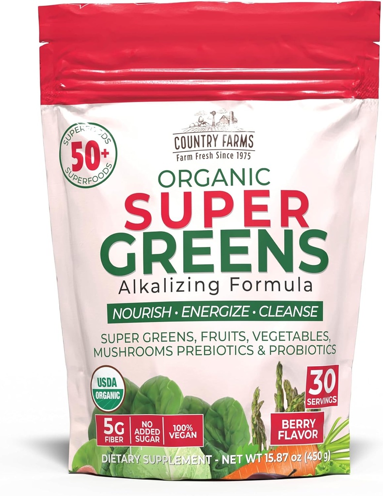 Χώρα Αγροκτήματα Super Greens Berry Flavor, 50 Βιολογικά Super Foods, USDA Βιολογικό Μείγμα Ποτών (Θρασύ χόρτο, Spirulina, Chlorella) Μανιτάρια & Προβιοτικά, με Φυτικές Ίνες, Ουλές Υγεία, Φυσική Ενέργεια, 30 Μερίδες