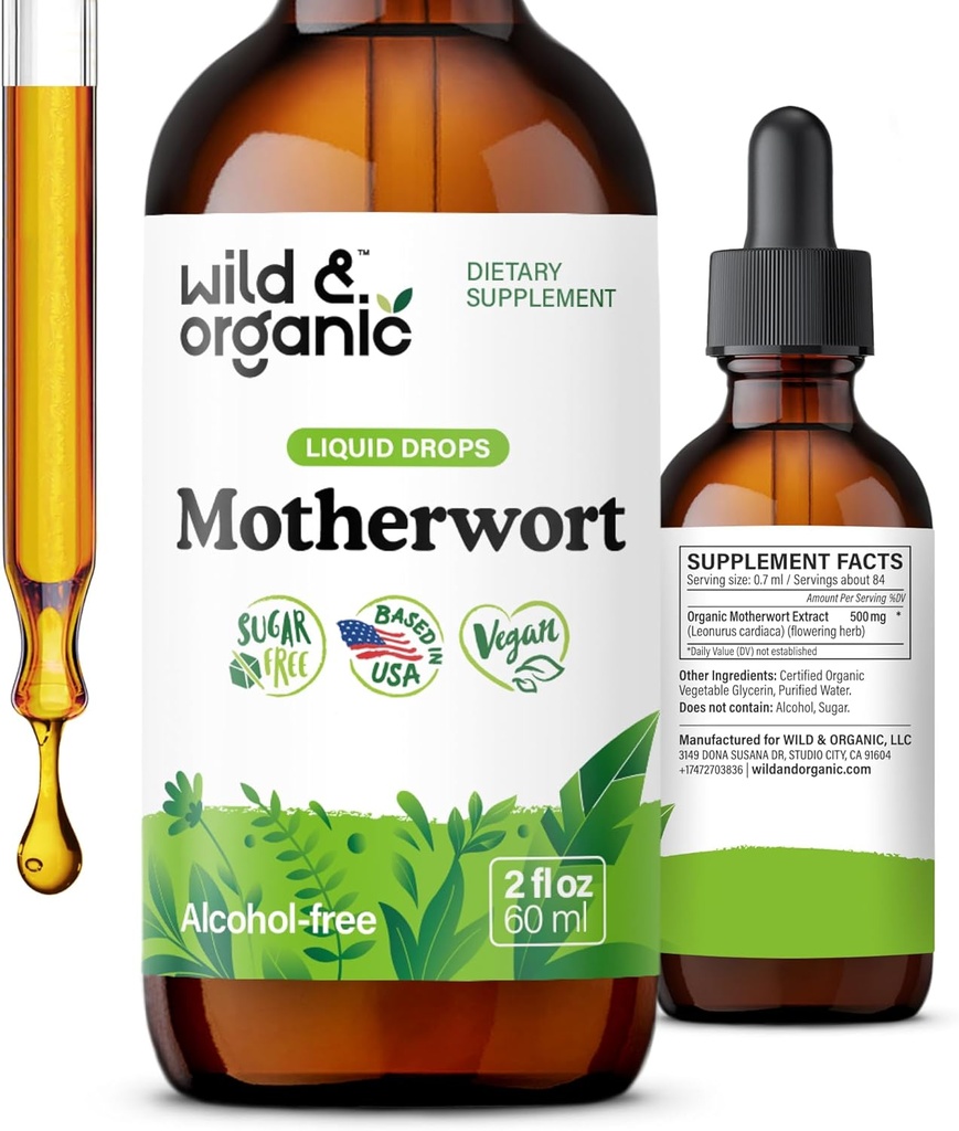 Wild & Organic Motherwort Tincture - Good Mood, Calmness, Women's Support - Motherwort Herb Extract Drops - Vegan, Sugar & Alkol Ücretsiz Supplement - 2 fl ozz