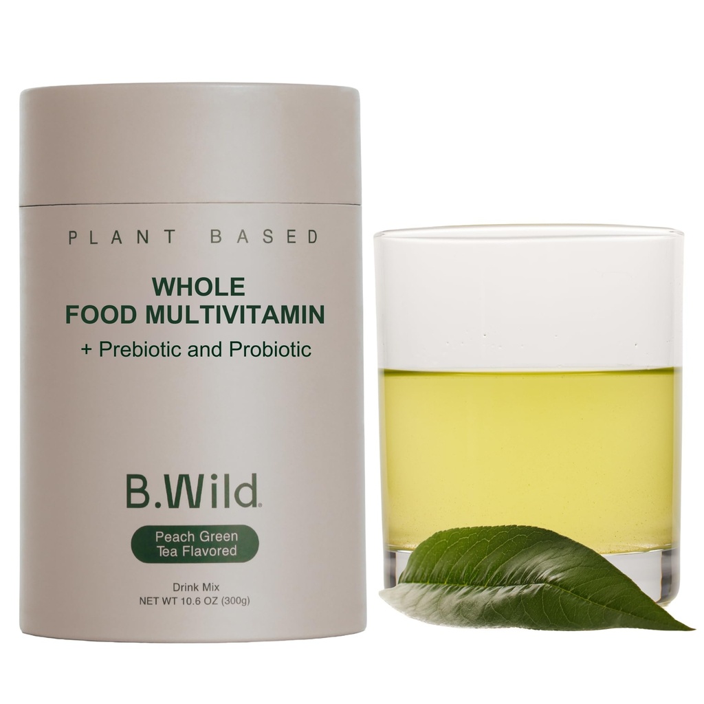 B.WILD Plant-based Multivitamin Drink Mix – Αναζωογονητικό Πράσινο Τσάι Ροδάκινου με Πρεβιοτικά, Προβιοτικά & Προσαρμογόνα για την Υγεία των Ούρων & Υποστήριξη Στρες – 30 Σερβιέτες – Vegan, Χωρίς Γλουτένη