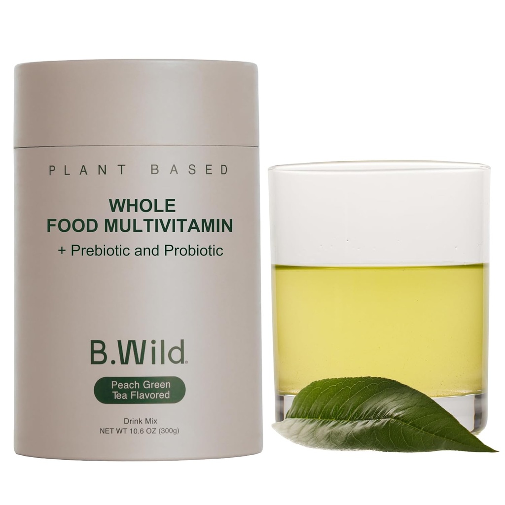 B.WILD Plant-based Multivitamin Drink Mix – Αναζωογονητικό Πράσινο Τσάι Ροδάκινου με Πρεβιοτικά, Προβιοτικά & Προσαρμογόνα για την Υγεία των Ούρων & Υποστήριξη Στρες – 30 Σερβιέτες – Vegan, Χωρίς Γλουτένη