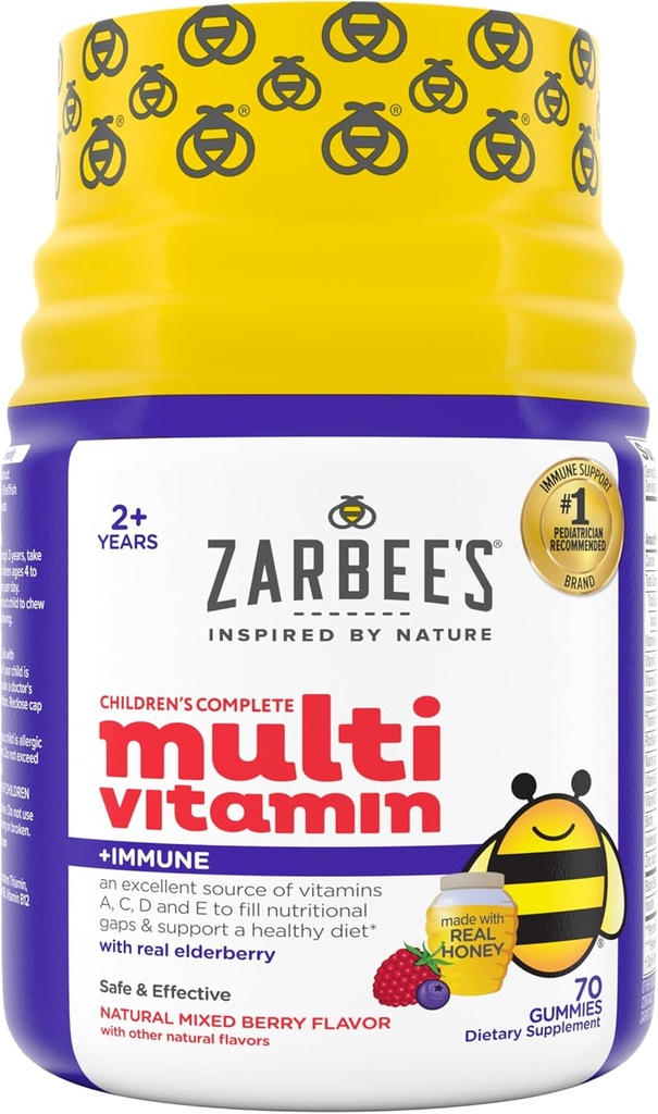 Zarbee's Complete Kids Multivitamin Gummies + Immune Support, Berry Flavor, Honey-Sweetized, Gluten-Free & Gelatin-Free, Vitamins A, C, D3, E, B6, B12, Folic Acid & B-Complex, 70