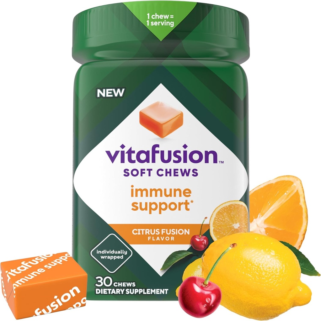 Vitafüzyon Soft Chews Immune Support (1), Immune Support için Yetişkin Chewable Vitamin C, Bireysel olarak yuvarlandı, Citrus Fusion Flavor, 30 Chews, 30 Day Supply