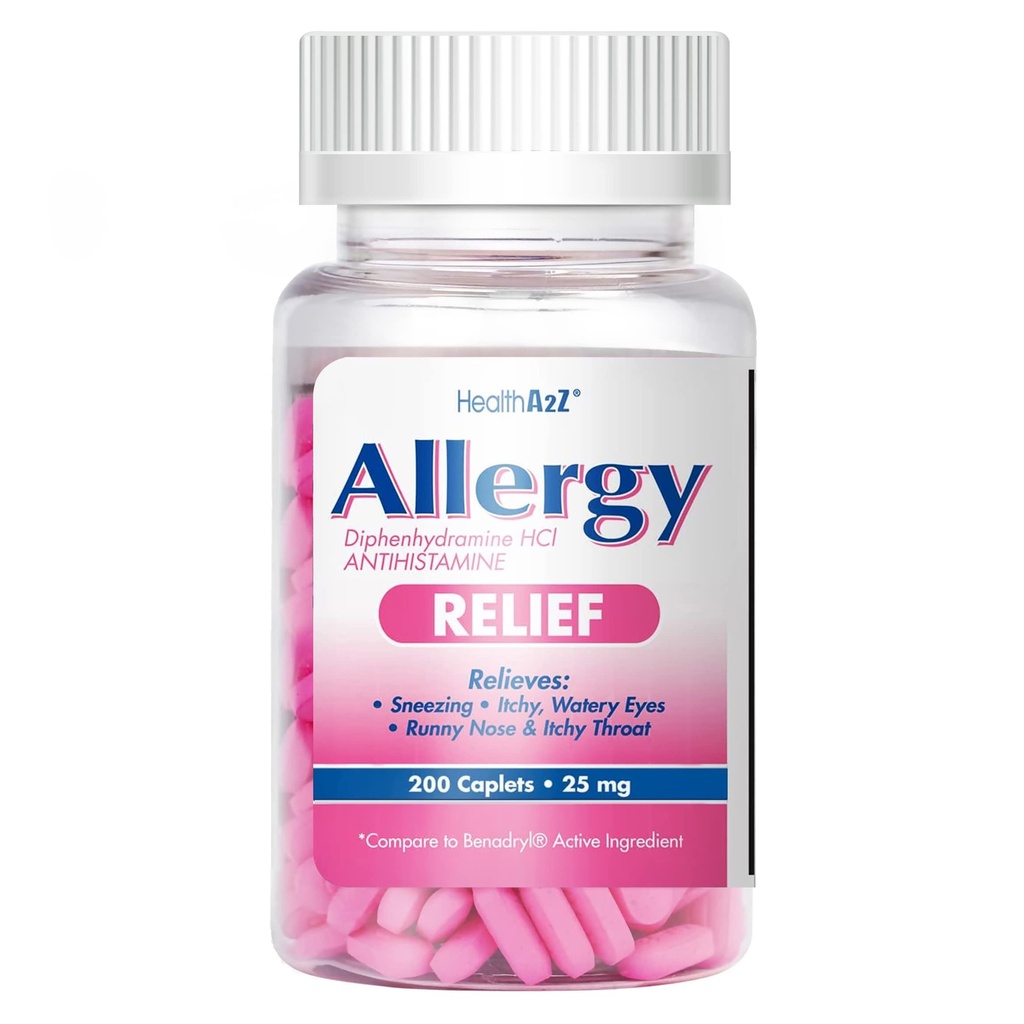 HealthA2Z® Antivirüs Relief | Diphenhydramine HCL 25mg | Antihistamin | Itchy Throat, Sneezing, Runny Nos | Kapalı & Açıklar Allergies (200 Caplets)