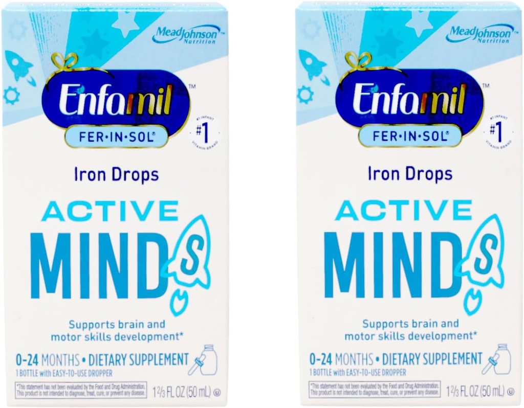 Enfamil Fer-In-Sol Iron Supplement Drops for Infants & Toddlers, Υποστηρίζει την ανάπτυξη του εγκεφάλου, 50 mL μπουκάλι σταγονόμετρο, πακέτο των 2
